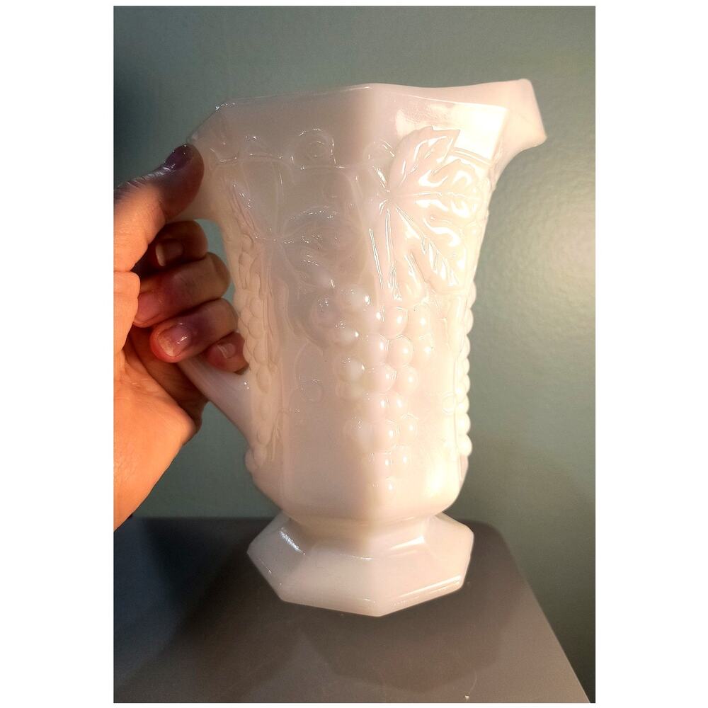 850. Milk Glass Paneled Pitcher Vase Grape and Vine Design